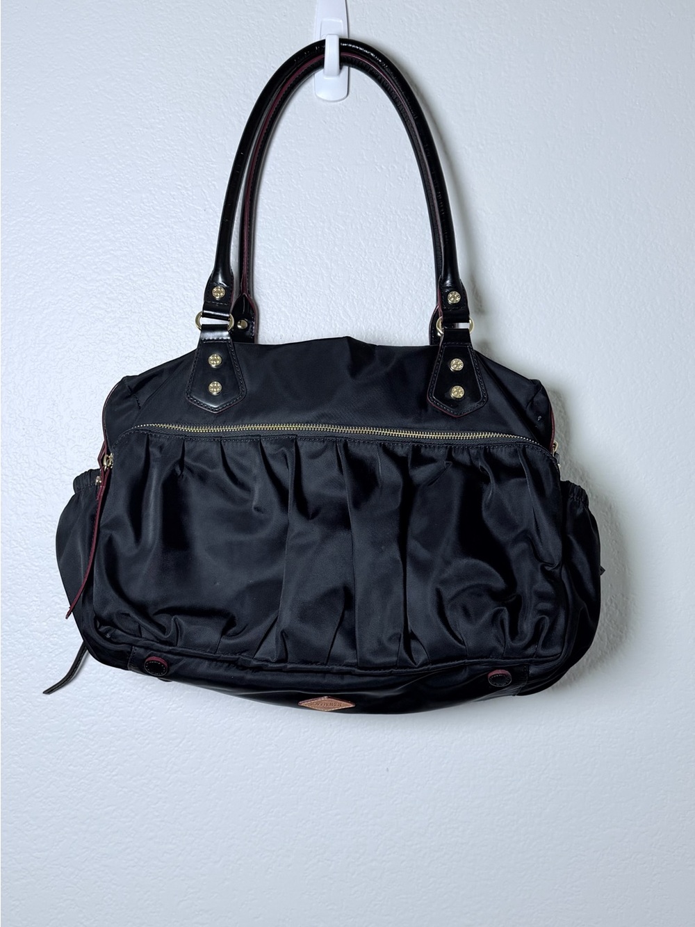 MZ Wallace Black Nylon Ruched Satchel Convertible Crossbody Bag Gold Hardware - Picture 3 of 11